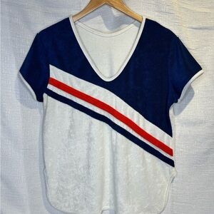 Vintage Sears Navy, White & Red Diagonal Stripe V‑Neck Terrycloth Short Sleeve